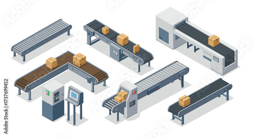 Isometric conveyor belt systems with modern packaging equipment and cardboard boxes