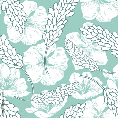 Modern minimalist seamless pattern with white line art flowers and leaves on a soft mint green and blue background. 