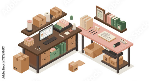 Isometric workspace for shipping and packaging with boxes and supplies