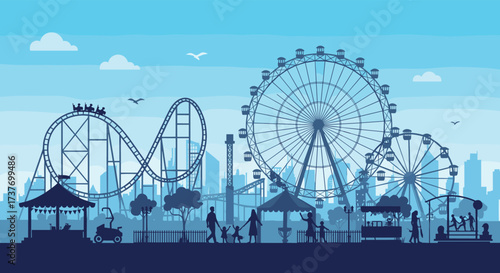 A vibrant city skyline serves as the backdrop for a lively amusement park with towering roller coasters and Ferris wheels.