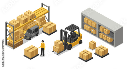 Isometric warehouse scene with forklift and worker managing boxes