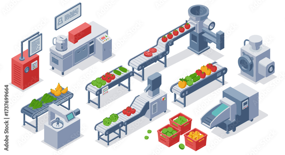 Obraz premium Isometric fruit and vegetable processing plant with conveyor belts and machinery