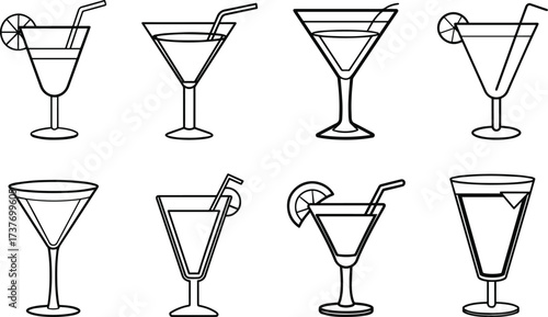 Collection of eight different cocktail glasses with garnishes and straws in a clean line art style