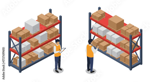 Warehouse workers organizing boxes on shelves in isometric design