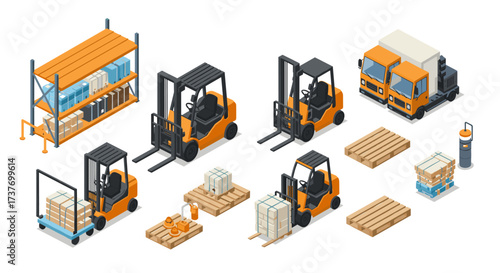 Efficient warehouse logistics isometric forklifts, pallet transport, and cargo organization
