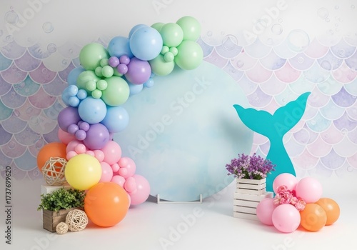 Mermaid themed party decoration with colorful balloons and tail backdrop