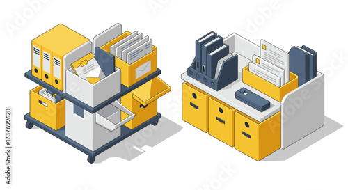 Modern office organization with isometric shelving units and filing boxes