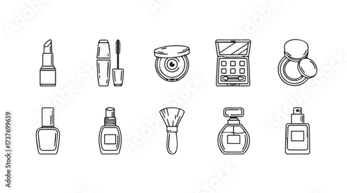 Hand drawn cosmetic icons set featuring makeup products and fragrance bottles sketched art vector