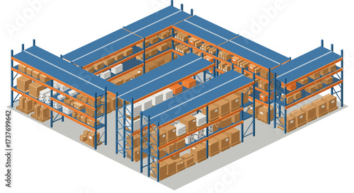 Isometric warehouse interior with shelves and boxes for logistics and storage solutions