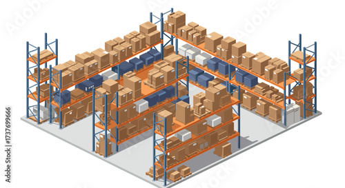 Isometric warehouse storage with cardboard boxes and metal shelves