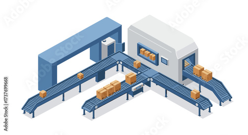 Isometric automated conveyor system with cardboard boxes in a modern warehouse layout