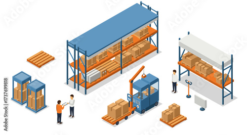 Isometric warehouse operations people, shelves, and equipment in action