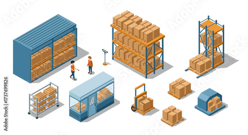 Isometric warehouse logistics with shelves, workers, and packages