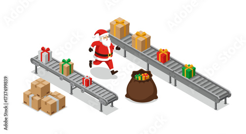 Santa claus in workshop with gifts on conveyor belts in isometric holiday scene