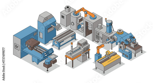 Isometric industrial automation equipment in modern factory setting