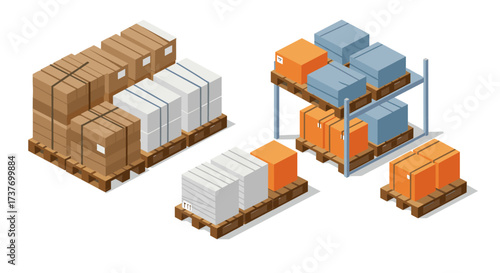 Isometric warehouse shelving with pallets and boxes