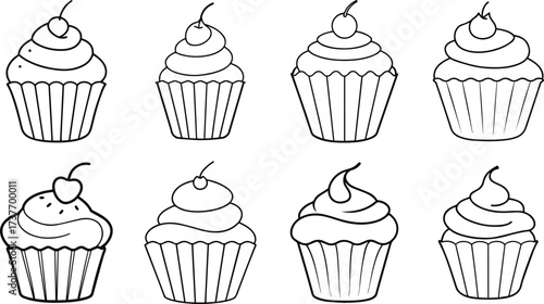 Collection of eight hand drawn black and white cupcakes with cherries on top