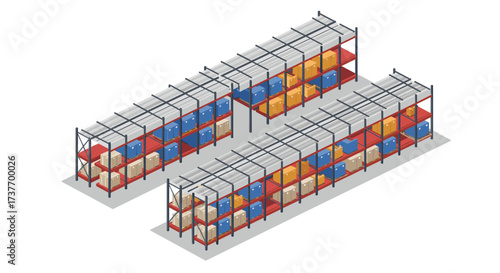 Isometric warehouse shelves with colorful boxes and industrial storage