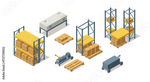 Isometric warehouse elements with storage racks and equipment