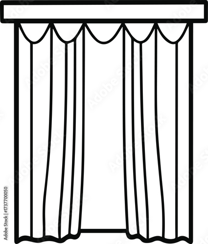 Simple line drawing of elegant draped curtains with scalloped top edge against a white background