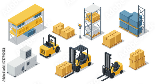 Essential warehouse equipment and pallet storage in isometric style for logistics and distribution