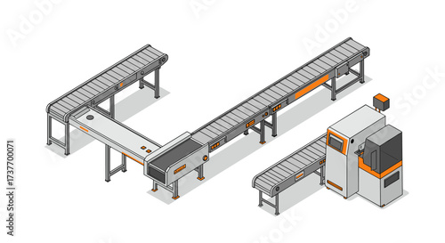 Isometric industrial conveyor system with automated machinery in modern factory design