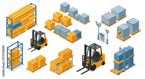Isometric warehouse elements with forklifts and cargo on pallets