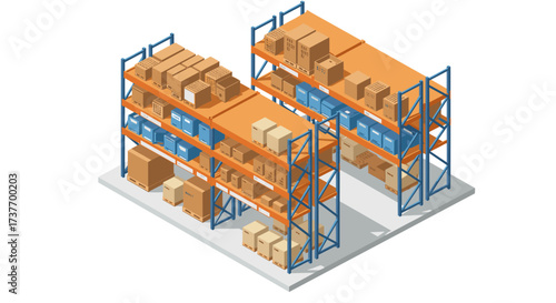 Isometric warehouse shelving with cardboard boxes and storage containers