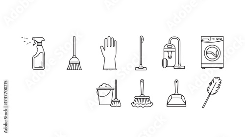Collection of hand-drawn cleaning tools and supplies for home hygiene and maintenance vector