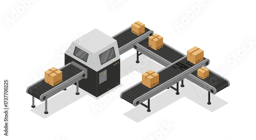 Isometric conveyor belt system with cardboard boxes in a warehouse setting