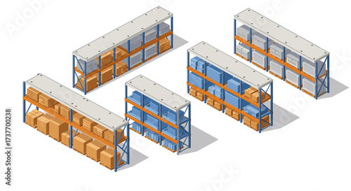 Isometric warehouse shelves with boxes and storage containers in modern design