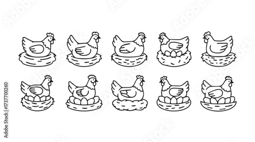Whimsical hand-drawn chicken icons set farm animal collection unique rustic farmhouse elements vector