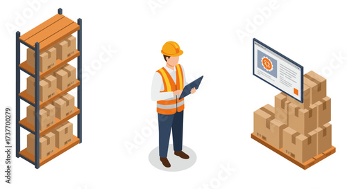 Warehouse management and logistics isometric illustration of inventory and technology integration