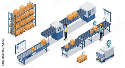 Efficient isometric warehouse with conveyor belts and workers handling packages