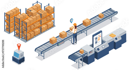 Isometric warehouse automation with conveyor belt and package management