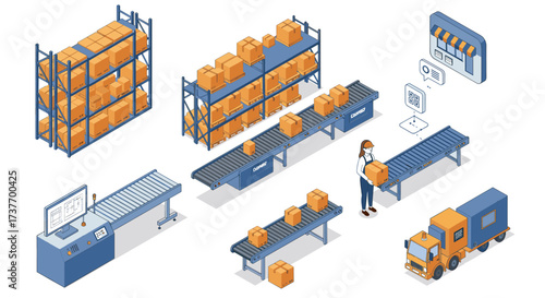 Isometric warehouse automation efficient logistics with conveyors and robotics technology