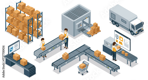 Efficient warehouse logistics with automated conveyor systems in modern isometric style
