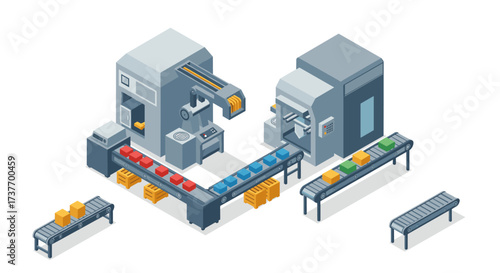 Modern isometric factory machines with conveyor belt for automated industry production