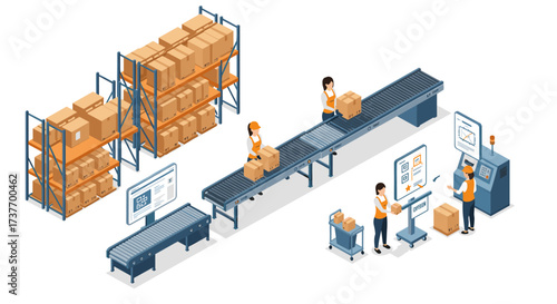 Modern warehouse automation process with workers and packaging