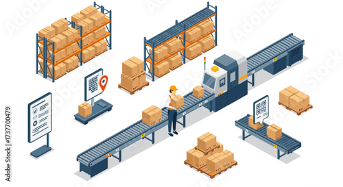 Isometric warehouse automation conveyor belt and robotics in modern logistic center