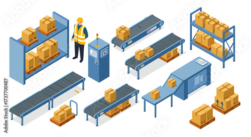 Isometric warehouse automation with conveyor belts and packaging systems