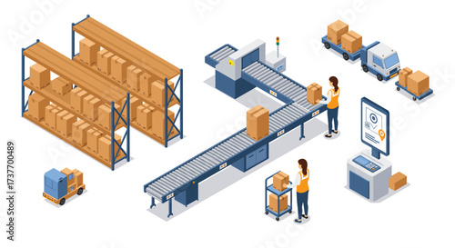 Isometric warehouse and distribution center with conveyor belt and trucks
