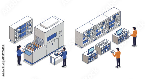 Isometric office printing and filing scene with colleagues organizing documents