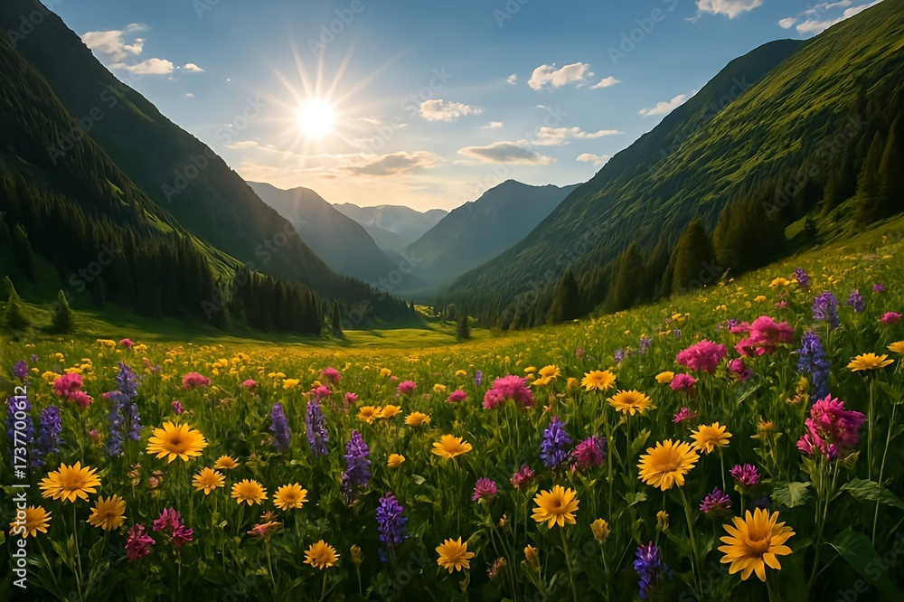 Fototapeta premium Sunlit Mountain Valley with Wildflowers – Photorealistic Nature Landscape