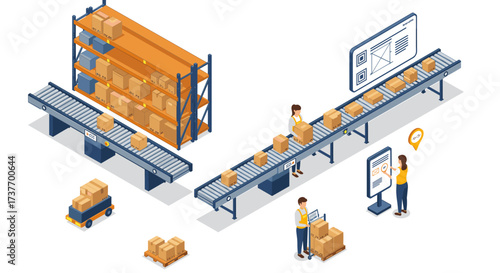 Isometric warehouse logistics with conveyor belt and workers