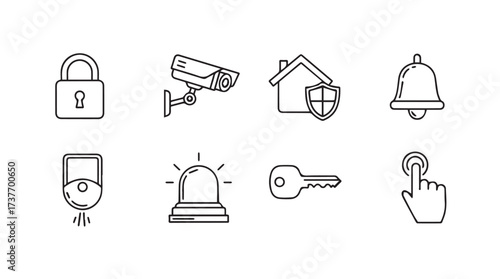 Home security icons featuring lock camera house bell key fingerprint siren and shield for protection vector