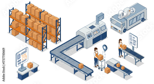 Isometric warehouse automation robotics and conveyor systems in modern logistics