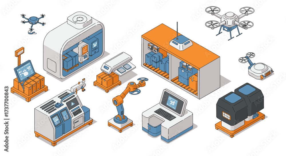 Fototapeta premium Modern isometric smart factory automation with robotics and drones