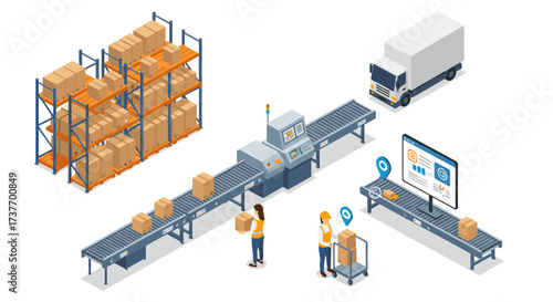 Automated warehouse logistics with conveyor belt and delivery truck