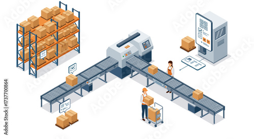 Isometric warehouse automation with conveyor belts and packaging systems